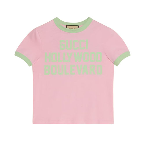 GUCCI/古驰 22年春夏新款 爱的进行曲系列 女士粉色纯棉Hollywood Boulevard印花短袖T恤?695816XJED45904