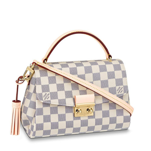 Louis Vuitton/路易威登 经典款CROISETTE系列 女士天蓝色棋盘格帆布饰皮革滚边金扣配可拆卸流苏吊饰翻盖开合单肩斜挎手提包N41581