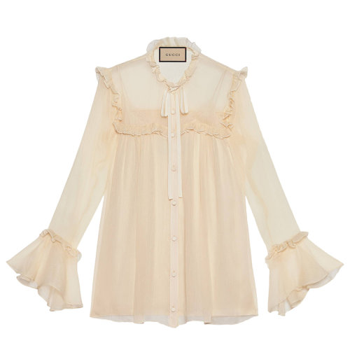 预订3周 GUCCI/古驰女士米色荷叶边雪纺衬衫657801ZHS789205