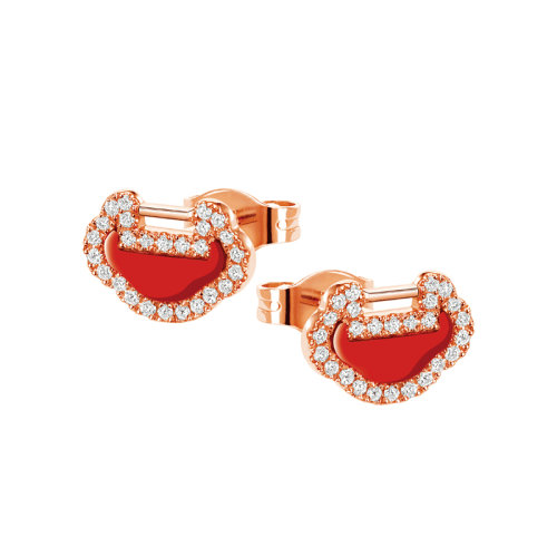 QEELIN/麒麟珠宝 YUYI 18K金玫瑰金红玛瑙如意于义于逸镶钻边耳钉 YY-ERSD0003B-RGDRA