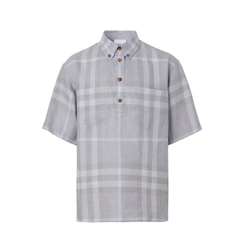 BURBERRY/博柏利 22年春夏新款 男士灰褐色亚麻面料格纹短袖衬衫80509861