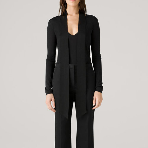 【21春夏新款】St.John/盛蔷2021春季新款女士黑色商务休闲时尚女士长袖衬衫式系带针织衫K5130A1