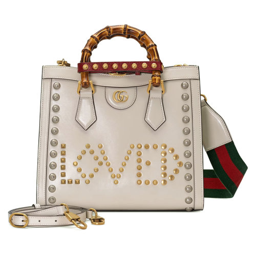 GUCCI/古驰 22新款Diana系列 女士小号白色皮革饰金/银色Lovelight主题铆钉滚边配可拆卸肩带单肩手提斜挎竹节包702721AAA309046