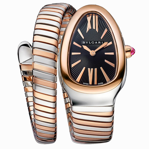 BVLGARI/宝格丽 一个螺旋形表壳和18K金玫瑰金和精钢表链 黑色不透明表盘 SERPENTI TUBOGAS石英手表 35毫米102123