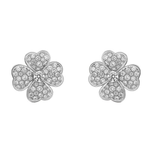 Van Cleef & Arpels/梵克雅宝 经典Cosmos系列 18k金白金镶嵌钻石满钻四叶草中号耳环VCARO68J00