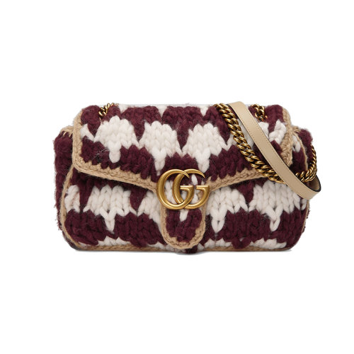 GUCCI/古驰 23春夏新款 marmont系列 女士小号白色/酒红色千鸟格印花羊毛金色饰面双G翻盖弹簧闭合单肩斜挎包443497FAASR9044
