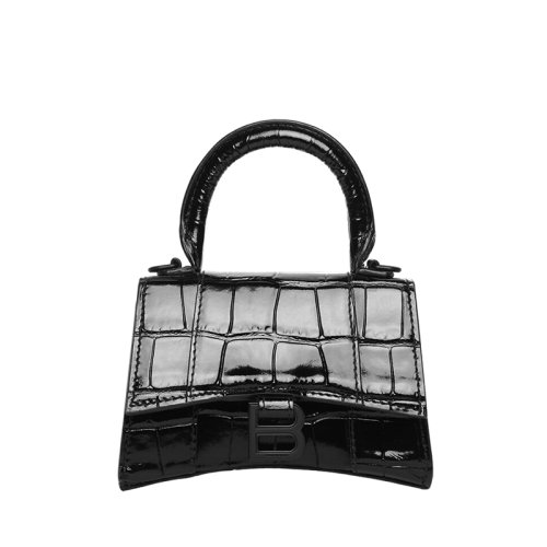 Balenciaga/巴黎世家 21新款 HOURGLASS系列 女士迷你黑色鳄鱼压纹小牛皮B徽标单肩斜挎手提沙漏包6646761LR671000