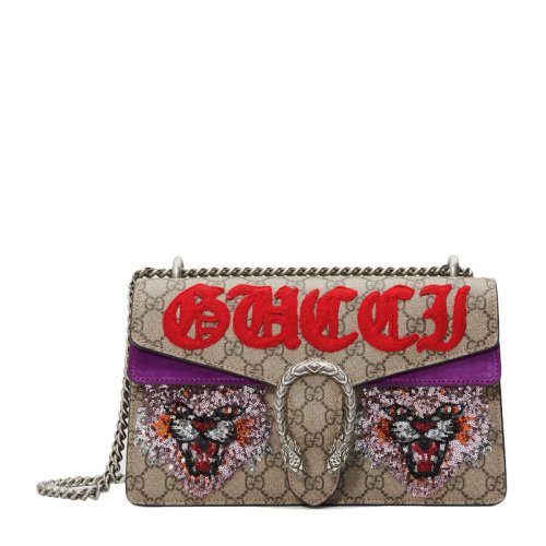 GUCCI古驰女士乌木色气场猫亮片贴花刺绣单肩包米色/乌木色米色/乌木色