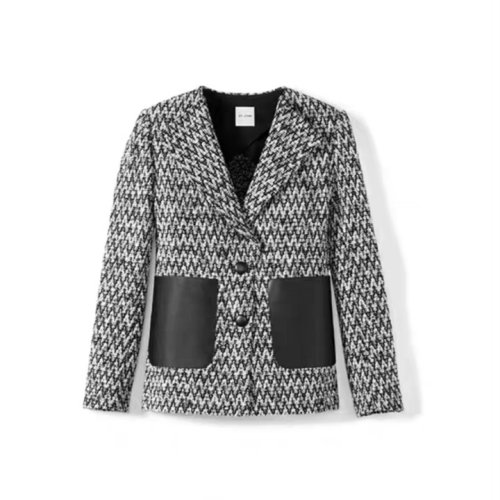 St.John/盛蔷黑白条纹皮革饰边针织女士夹克外套K6110W2