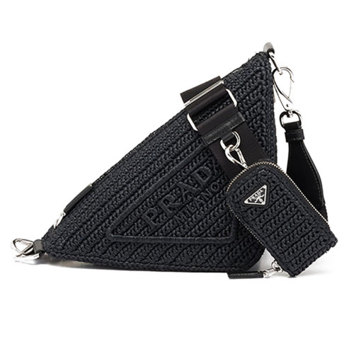 PRADA/普拉达 22新款 女士拉菲草编织黑色三角型珐琅金属徽标印花的拆卸调节织物肩带斜挎包1BH190_2A2T_F0002_V_DRO