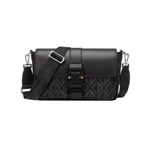 DIOR/迪奥 23新款 男士黑色帆布配皮字母标志铝扣翻盖开合尼龙提花拆卸调节肩带单肩包1ESME157CDP_H43E