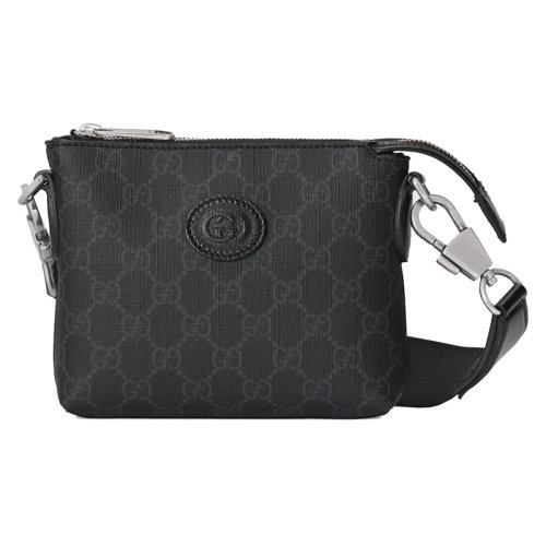 GUCCI/古驰 22新款 男士黑色帆布配黑色皮革饰面椭圆形GG细节皮革拆卸肩带拉链开合单肩斜挎肩背包72330692THN1000