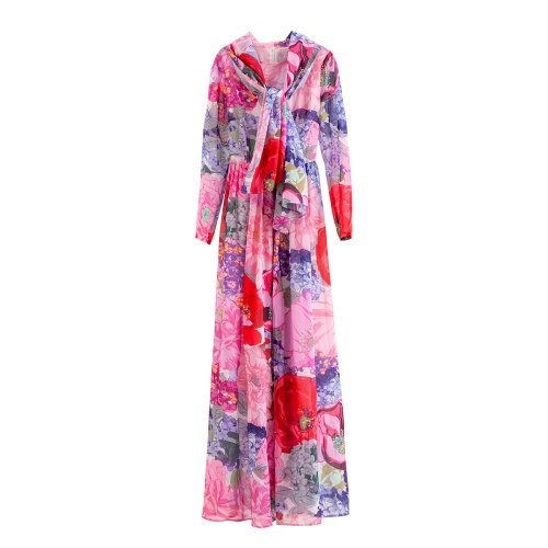 GeleiStory/GeleiStory 夏季新款度假风长袖连衣裙 粉底印花长袖收腰长款连衣裙女士裙装＞女士连衣裙