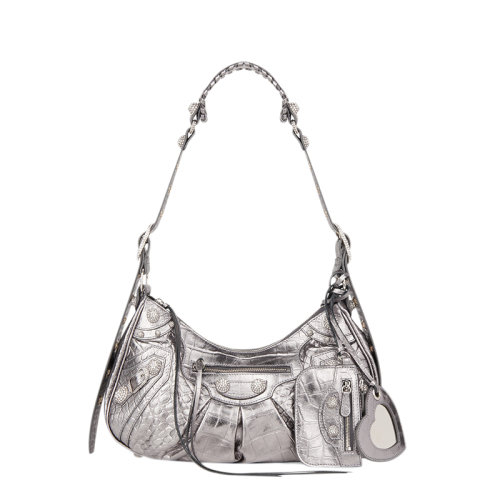 Balenciaga/巴黎世家 20  LE CAGOLE系列 女士小号银色金属感鳄鱼压纹小牛皮复古银色饰面单肩斜挎包6713072101L1015