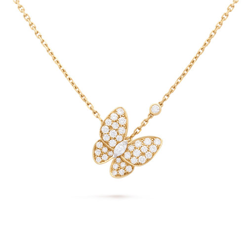 Van Cleef & Arpels/梵克雅宝 经典Deux Papillons系列 18K金黄金镶嵌钻石蝴蝶吊坠项链 VCARP3DP00