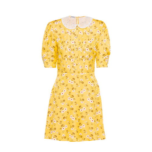 MiuMiu/缪缪 黄色 女士通体缎面提花娃娃领连衣裙 MF3584_1V9B_F0388