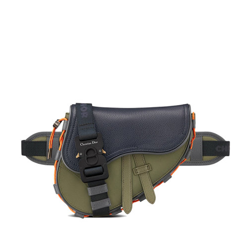 DIOR/迪奥 22春夏新款SACAI联名SADDLE系列 男士迷你橄榄色科技面料海军蓝色粒面牛皮革单肩斜跨佩腰多功能马鞍包1ADCA374USC_H65E