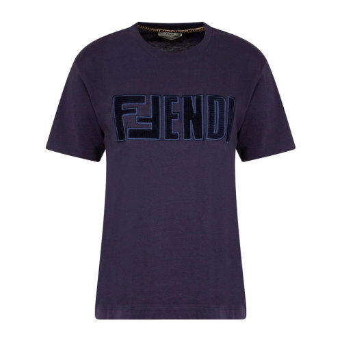 FENDI/芬迪 女士深蓝色棉质浮雕字母LOGO刺绣圆领短袖T恤 FS7254-AD8Z-F1BGW
