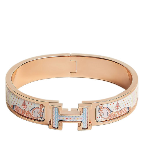 HERMES/爱马仕 经典款Clic H系列 粉彩色珐琅“盛宴”图案印花镀玫瑰金饰面H标识手镯 H702410FOD3