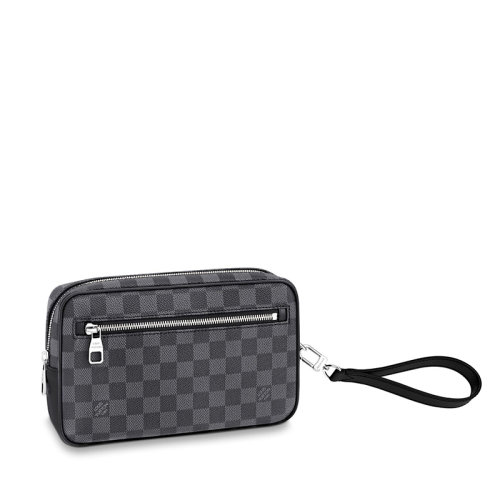 Louis Vuitton/路易威登 22春夏新款KASAI系列 男士石墨色方格棋盘帆布配皮徽标印花银扣配腕带拉链开合手拿包N41664