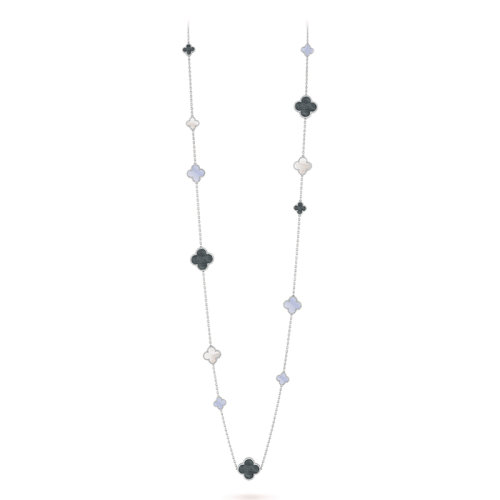 Van Cleef & Arpels/梵克雅宝 经典Magic Alhambra系列 18k金白金白色灰色珍珠母贝玉髓16个四叶草吊坠长项链VCARN19000