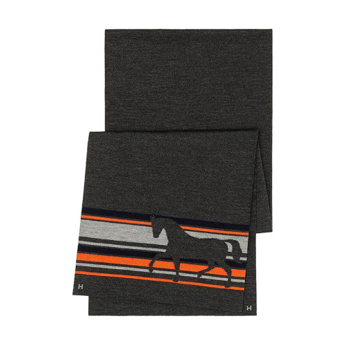 HERMES/爱马仕 男士无烟煤色/海军蓝/橙色火热的马条纹图案羊绒真丝围巾H733767T04
