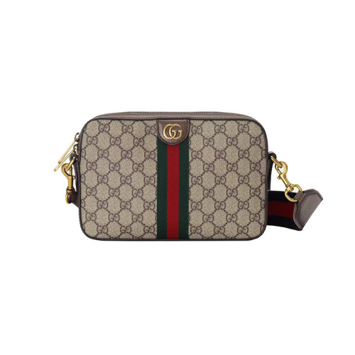 GUCCI/古驰 23春夏新款 Ophidia GG系列 男士米色/乌木色帆布棕色皮革饰面做旧金色标志双G织带肩带拉链开合单肩包6994399C2ST8920