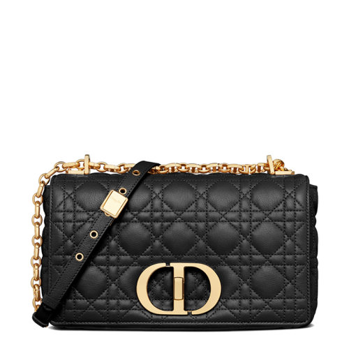 DIOR/迪奥 20  CARO系列 女士中号黑色柔软小牛皮藤格纹CD扭纹扣翻盖封口单肩斜挎包M9242UWHC_M900