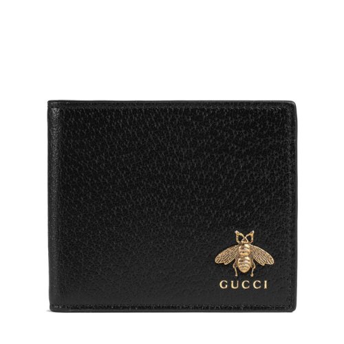 GUCCI/古驰 经典款Animalier男士黑色皮革金属蜜蜂对折钱包523664 DJ20T 1000