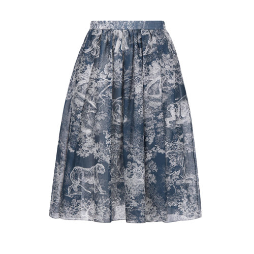 DIOR/迪奥 22年早春新款 女士海军蓝色纯棉薄纱Reverse茹伊印花喇叭半身裙伞裙221J90A3846_X5813