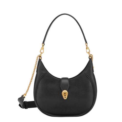 BVLGARI/宝格丽 SERPENTI ELLIPSE系列 女士中号黑色小牛皮蛇首搭扣单肩手提腋下包291636