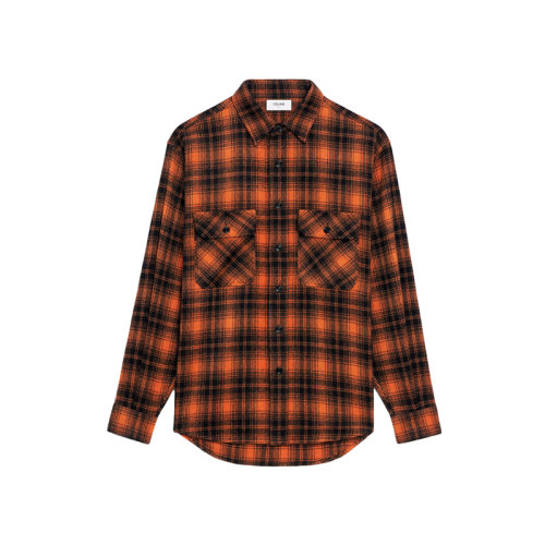 CELINE/赛琳 22年春夏新款 男士橙色/黑色羊毛混纺格纹宽松衬衫2C574073Q.20OA