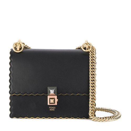 Fendi /芬迪 女士纯色小牛皮波浪纹边缘设计单肩斜挎链条包黑色