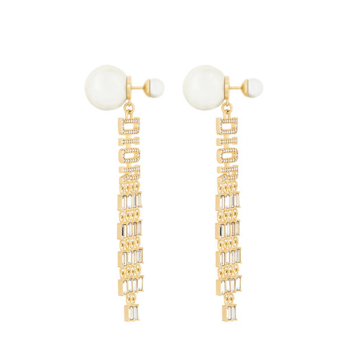 DIOR/迪奥 22春夏新款TRIBALES系列 女士金色饰面金属饰白色树脂珠镶透明晶体长方形字体吊坠耳环E1817TRICY_D301