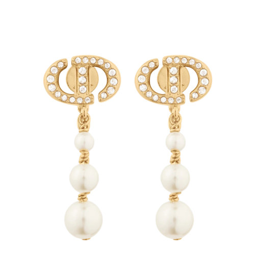 Dior/迪奥 22春夏新款NAVY系列 女士金色饰面金属饰三颗白色树脂垂悬珍珠和镶钻CD耳环 E1852CDNCY_D301