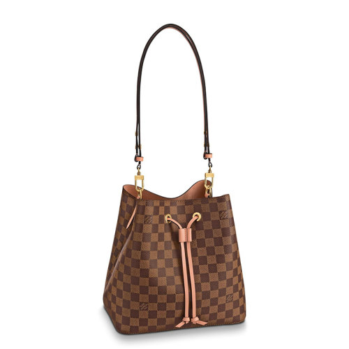 Louis Vuitton/路易威登 22春夏新款NEONOé系列 女士乌木色棋盘格帆布饰粉色细节金扣单肩斜挎手提抽绳水桶包N40198