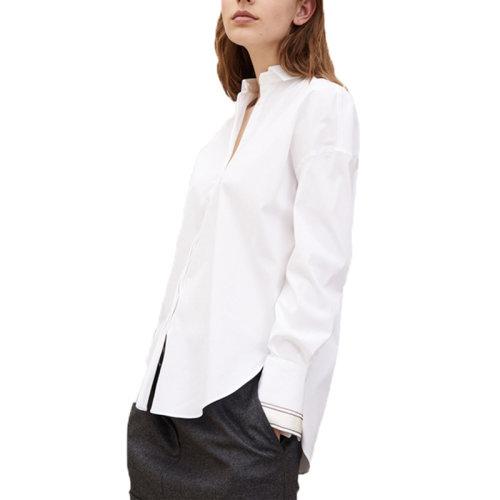 GeleiStory/GeleiStory欧美风初春新款珠链弹棉府绸简约纯色休闲风气质落肩白衬衫女女士衬衫＞女士长袖衬衫