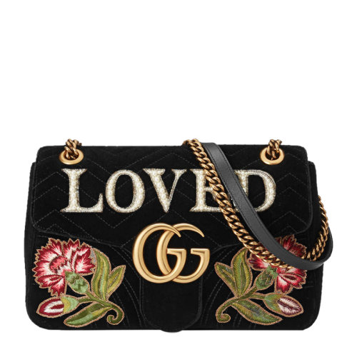 【倪妮同款】GUCCI/古驰 GG Marmont系列女士黑色天鹅绒单肩包斜挎包 443496-K4DLT-1093