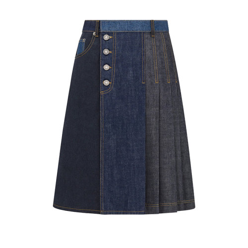 DIOR/迪奥 22年春夏新款 女士蓝色纯棉拼饰效果牛仔百褶裙222J55A3510_X5889