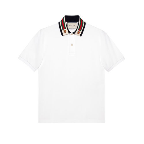 GUCCI/古驰 22年春夏新款 男士白色棉质混纺弹力面料饰条纹织带和虎头短袖polo衫545714XJAGU9061