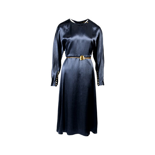 HUI/卉 女士连衣裙20春季新款哑光雾面蓝色连衣裙袖口经典小金扣排扣设计