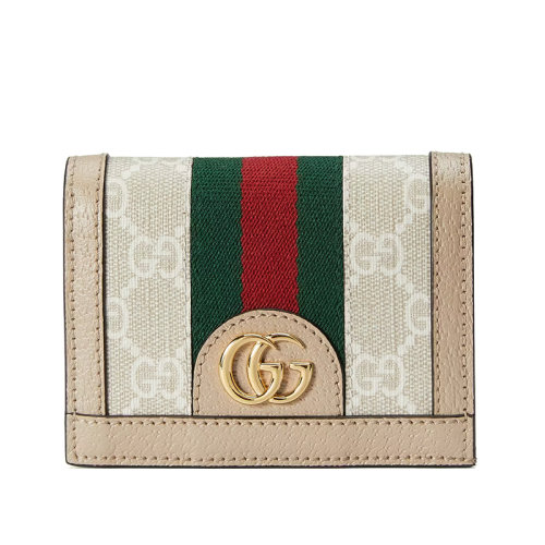 Gucci/古驰 22新款 Ophidia系列 女士白色/象牙色帆布配皮米色饰面绿红条纹按扣钱包523155UULAG9682