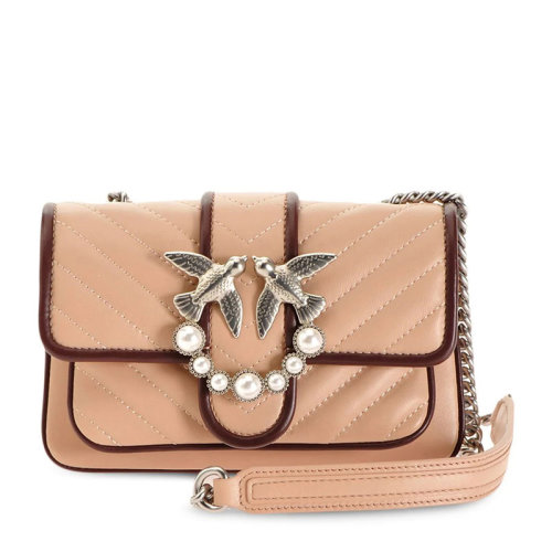 Pinko/品高女士米色牛皮银色金属标志水晶装饰燕子包斜挎包单肩包斜挎包女包 1P21UH-Y6M6P9L