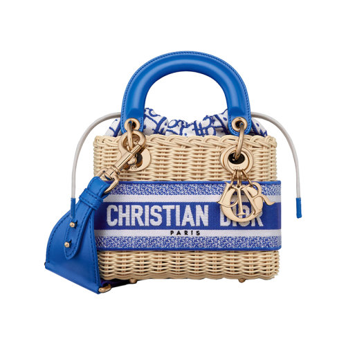 DIOR/迪奥 22新款 lady系列 女士mini柳条配霓虹蓝色提花帆布抽绳开合浅金色吊饰刺绣拆卸肩带手提斜挎包M0505OMVD_M808