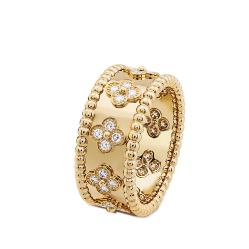 Van Cleef & Arpels/梵克雅宝 Perlée trèfles系列 小号款18K金黄金三叶草图案镶嵌28颗钻石戒指指环VCARO9NC00