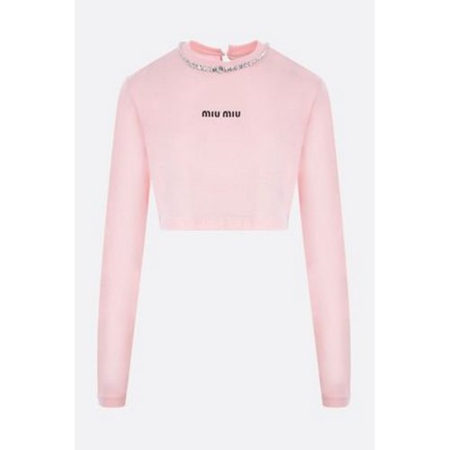 Miu Miu/缪缪 女士粉色棉质长袖T恤 MJL73210OO F0E18 PLFSX