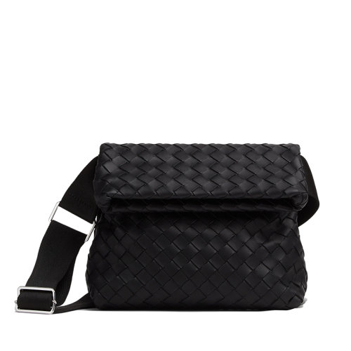 Bottega Veneta/葆蝶家 经典FOLD系列 男士黑色牛皮革织物肩带Intrecciato编织单肩斜挎包667283V0E528803