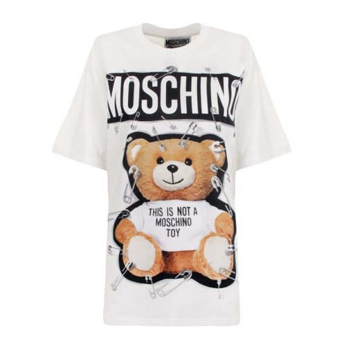 MOSCHINO/莫斯奇诺 女士白色纯棉别针泰迪熊oversize款休闲短袖T恤
