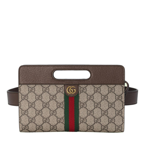 GUCCI/古驰 22新款Ophidia系列 女士米色/乌木色老花帆布配皮金扣红绿织带细节腰包70419696IWT8745