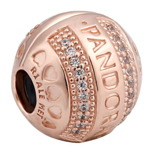 PANDORA/潘多拉 女士玫瑰金色有机硅和立方氧化锆PANDORA徽标爱心固定夹串珠 787433CZ